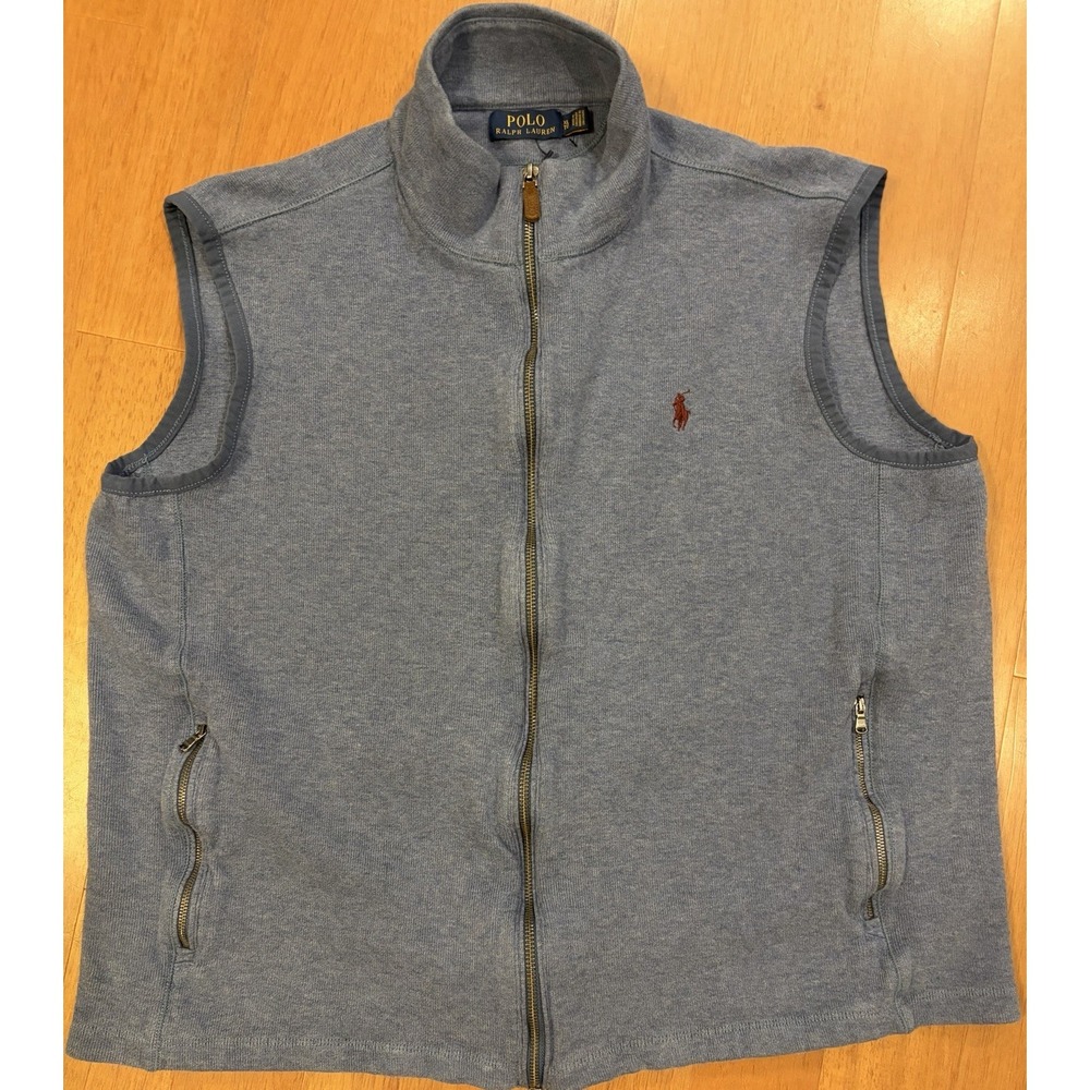 Polo Ralph Lauren Mens XL Blue Cotton Full Zip Knit Vest Mock Neck Heathered